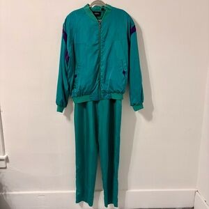 Vintage 80s Saxony Teal Silk Tracksuit Pants & Jacket Sz L